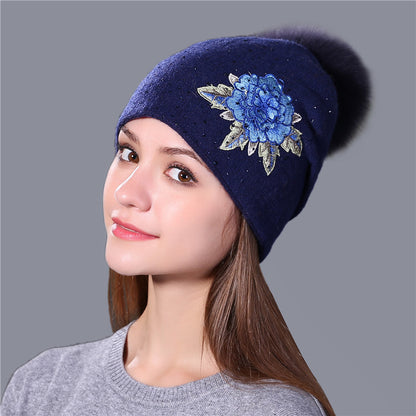 Fox Fur Ball Embroidery Knitted Hat