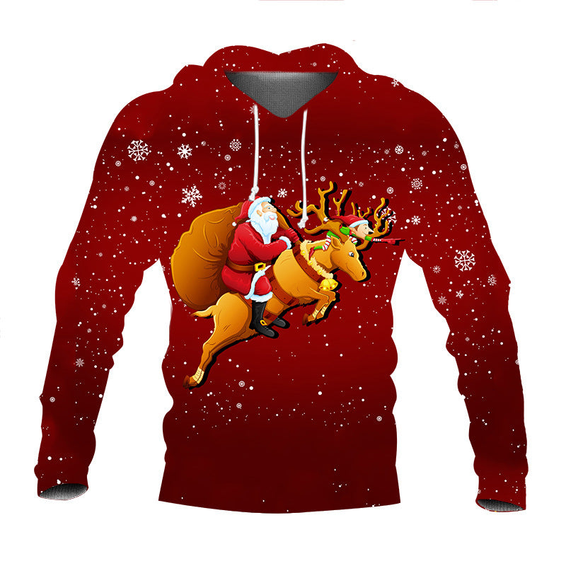 Red hoodie with Santa Claus and reindeer design on a white background