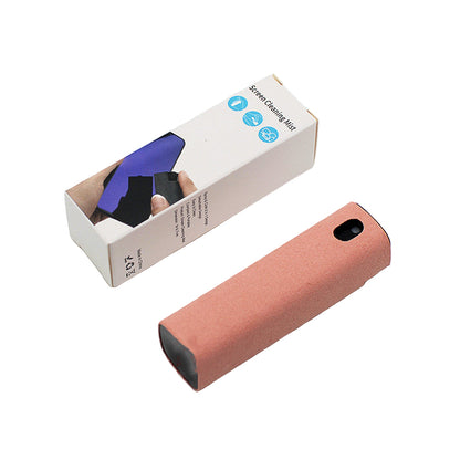 An advertisement showing a 2-in-1 screen cleaner with a spray bottle and a built-in microfiber wipe, being used to clean a smartphone screen.
