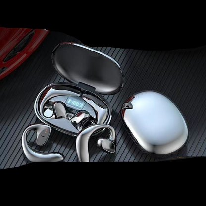 Wireless earbuds with charging case on a dark textured surface, highlighting features like 9D stereo sound effect and painlessness.