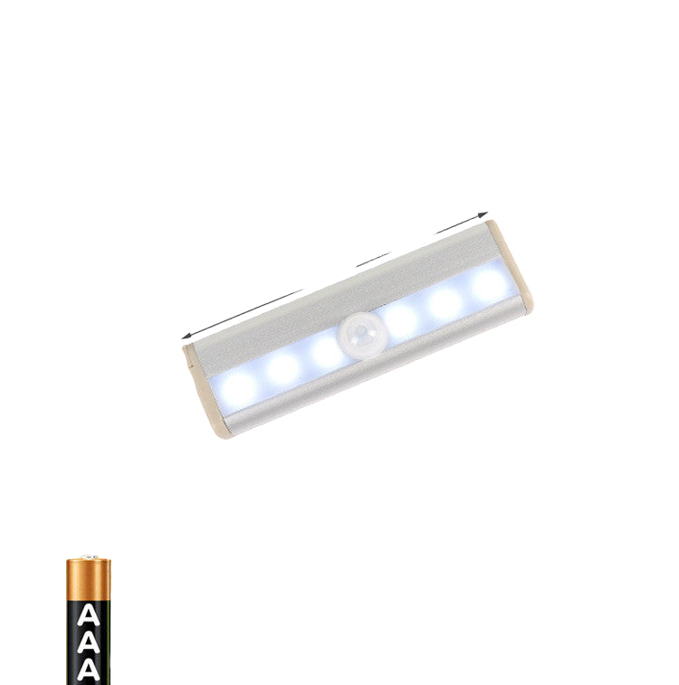 LED light strip with dimensions and battery information on a white background