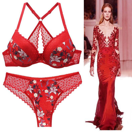 Red lingerie set with floral patterns and a model wearing a red evening gown.