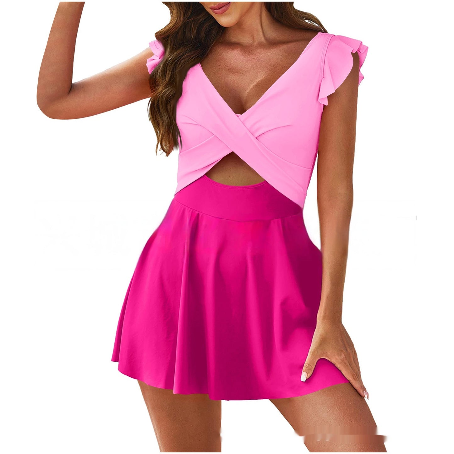 Pink dress with ruffled sleeves on a white background