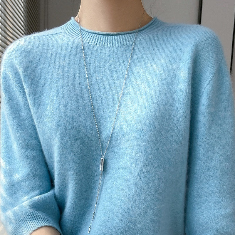 Spring Style Front Line Ready-made Garments Pure Wool Sweater Round Neck Curling Half Sleeve