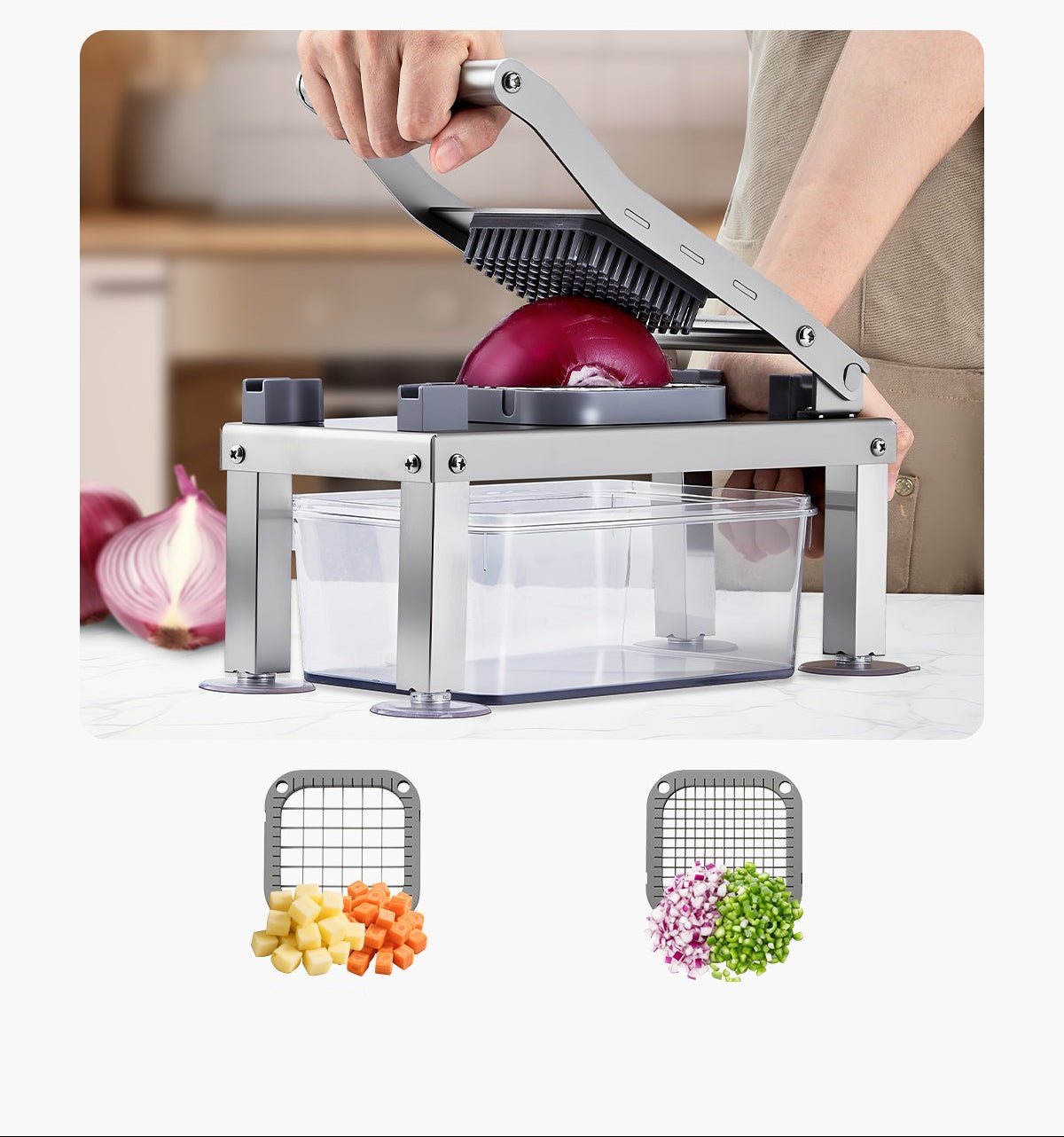 Vegetable dicer with a person using it to cut an onion, showing different blade specifications.