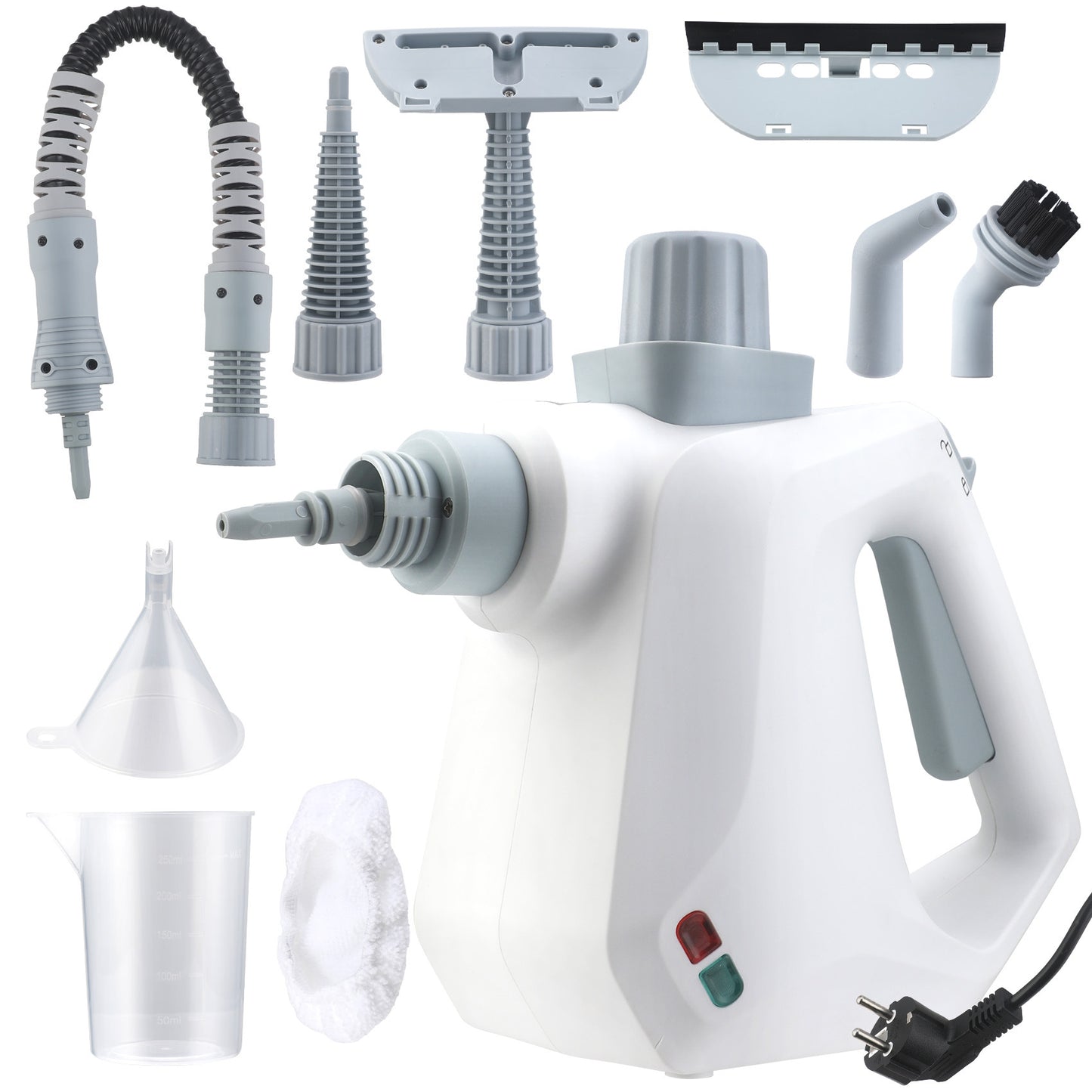 White handheld steamer with various attachments on a white background