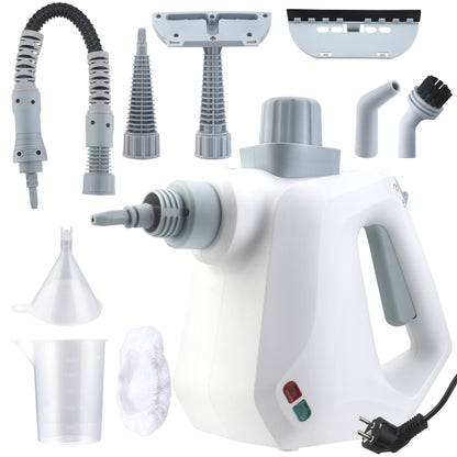 White handheld steamer with various attachments on a white background