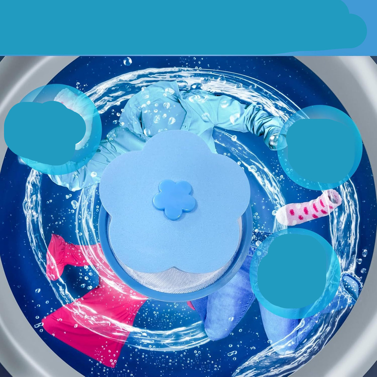 Reusable high-quality nylon fiber mesh filter with washing machine illustration showing its functions.