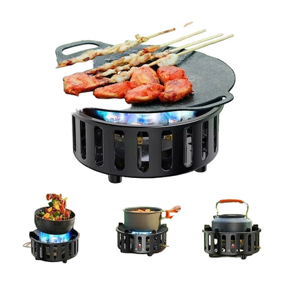 Portable gas stove with various cookware attachments for outdoor cooking.