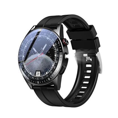 Black smartwatch with a detailed face on a white background