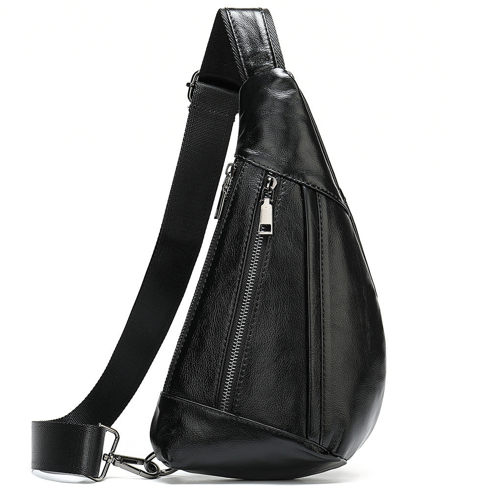 Black leather sling bag with a zipper on a white background