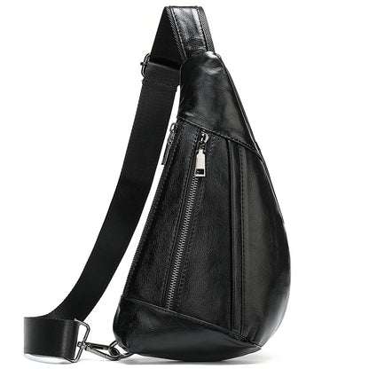 Black leather sling bag with a zipper on a white background