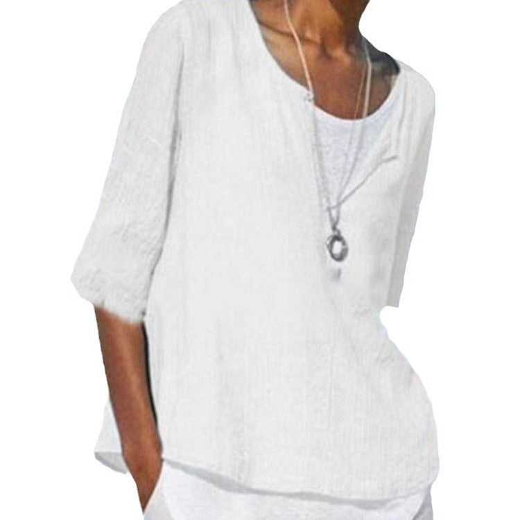 2025 Spring And Summer V-neck Solid Color Cotton And Hemp Medium Sleeve Women's Shirt