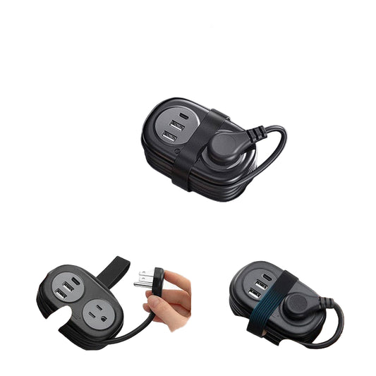 Multi-port charging device with USB ports and cable management on a desk.