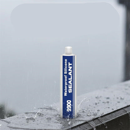 Waterproof silicone sealant tube with text on a wet surface background