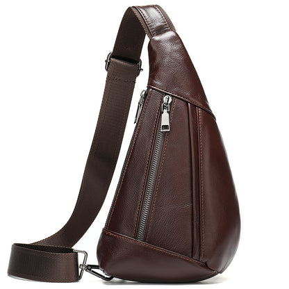 Brown leather sling bag with a zipper on a white background