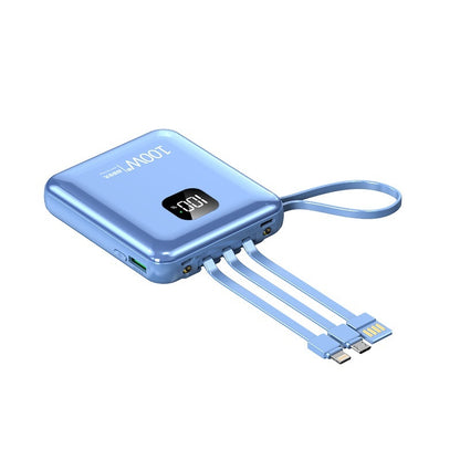 Blue power bank with multiple cables on a white background