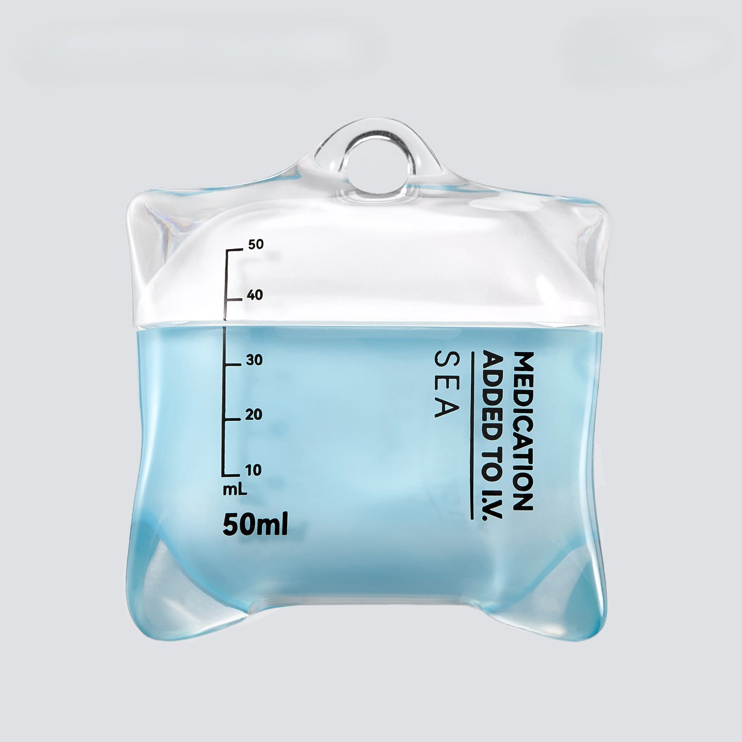 Clear bag with blue liquid and measurement markings on a light gray background
