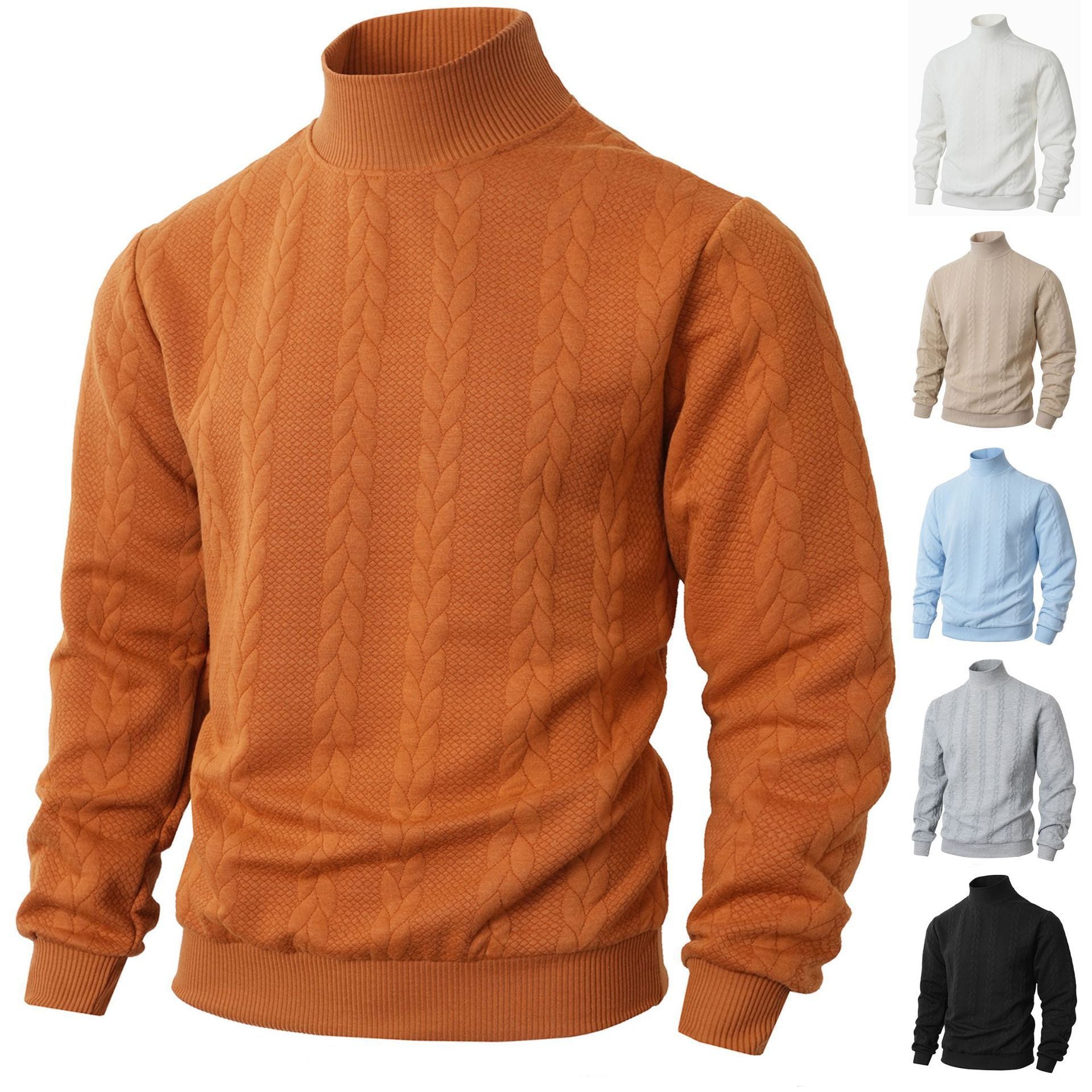Orange cable knit sweater with smaller images of other sweaters in different colors on a white background