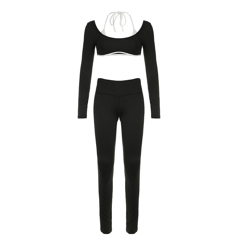 Solid Color Knitted Letter Body-Hugging Suit - Long Sleeve Top & High Waist Leggings Set
