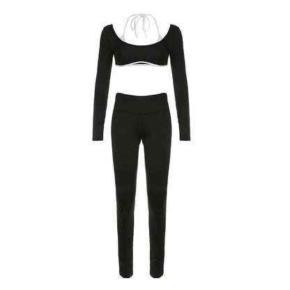 Solid Color Knitted Letter Body-Hugging Suit - Long Sleeve Top & High Waist Leggings Set