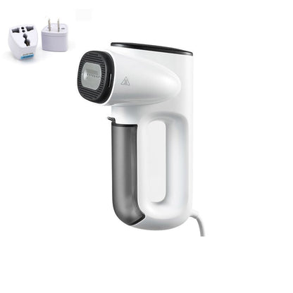 White handheld vacuum ironing machine with black accents on a white background