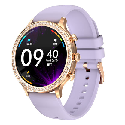 Smartwatch with a purple strap and gold casing on a white background