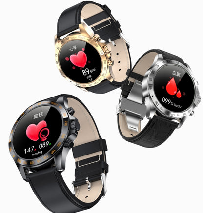 Three smartwatches with black straps on a white background