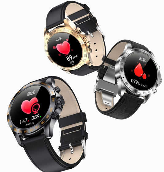 Three smartwatches with black straps on a white background