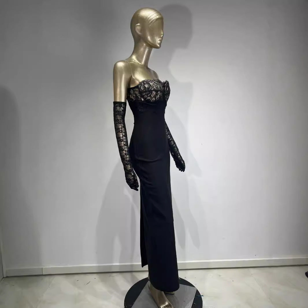 Bandage Black Lace Stitching Banquet Party Formal Dress