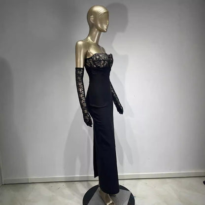 Bandage Black Lace Stitching Banquet Party Formal Dress
