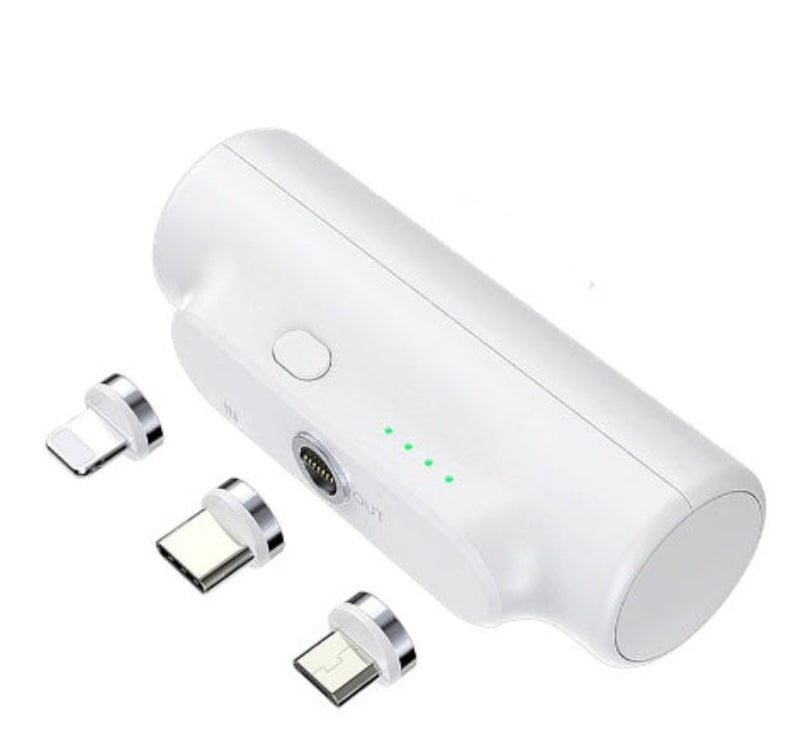 White magnetic power bank with connectors on a white background