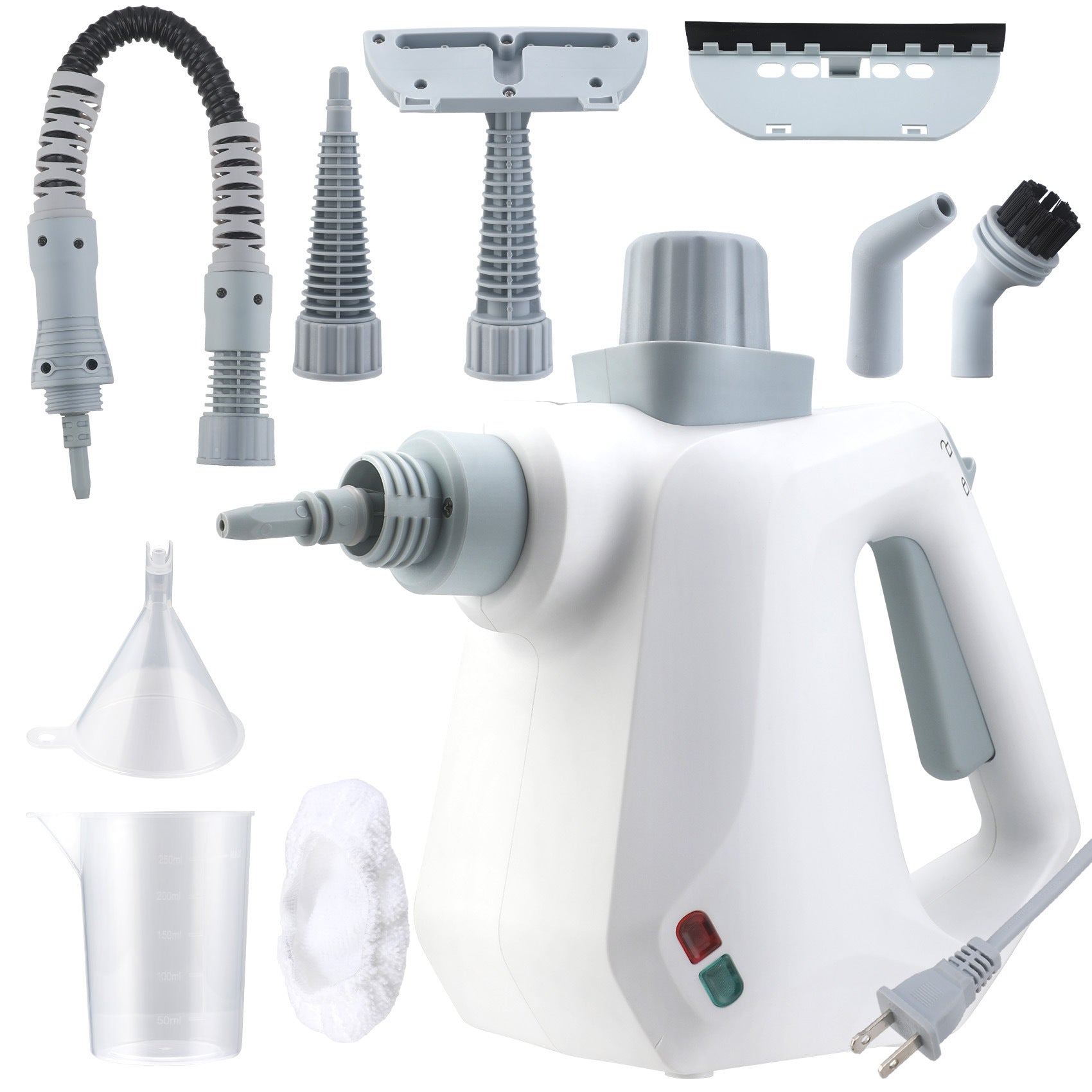 White handheld steamer with various attachments on a white background
