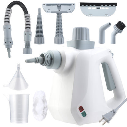White handheld steamer with various attachments on a white background