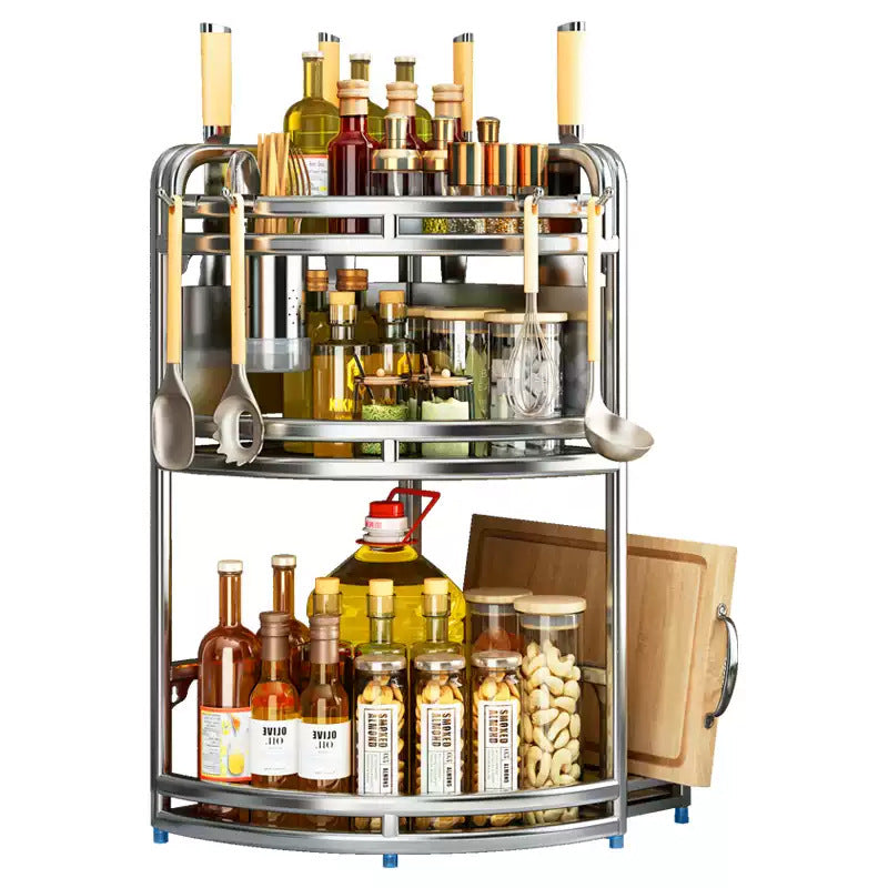Multi-tiered kitchen storage rack with various bottles and items on a white background
