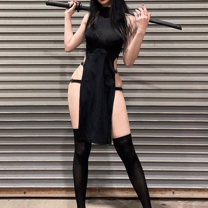 Person wearing a black dress with cut-out design holding a katana against a metal shutter background