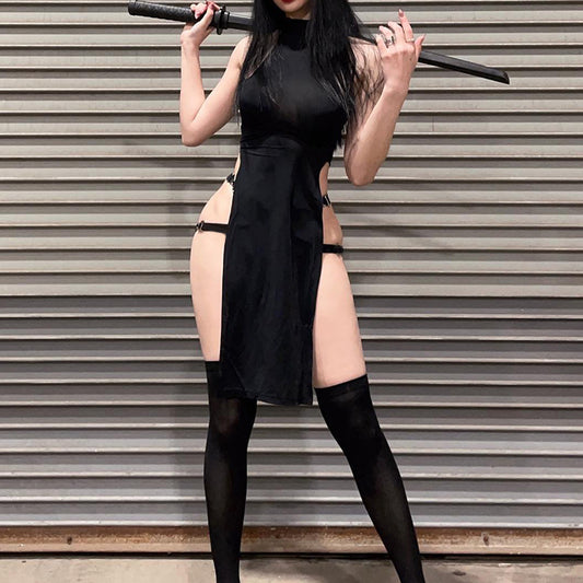 Person wearing a black dress with cut-out design holding a katana against a metal shutter background