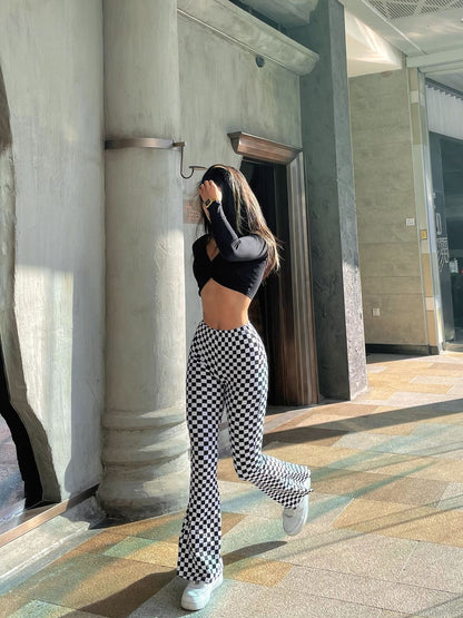 Chessboard Plaid Bell-bottom Pants Female Fitness Yoga Wear