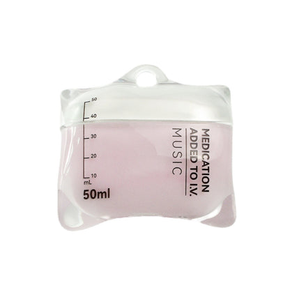 Pink liquid in a measuring container with text on a white background