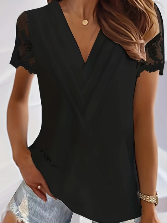 Contrast Lace Tucked Blouse, Casual V Neck Short Sleeve Blouse