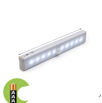 LED strip light with dimensions and battery information on a white background