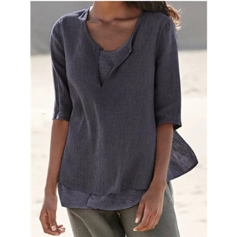 2025 Spring And Summer V-neck Solid Color Cotton And Hemp Medium Sleeve Women's Shirt