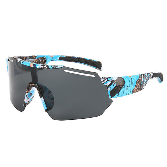 A pair of sporty sunglasses with a blue and multicolor frame and dark lenses suitable for outdoor activities.