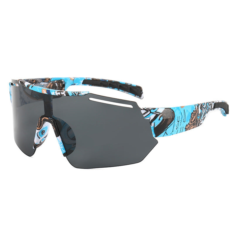 A pair of sporty sunglasses with a blue and multicolor frame and dark lenses suitable for outdoor activities.