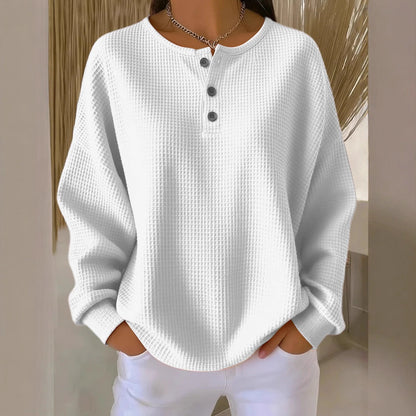 Ins Waffle Long-Sleeved T-Shirt- Fashion Solid Color Buttons Round Neck Pullover Top