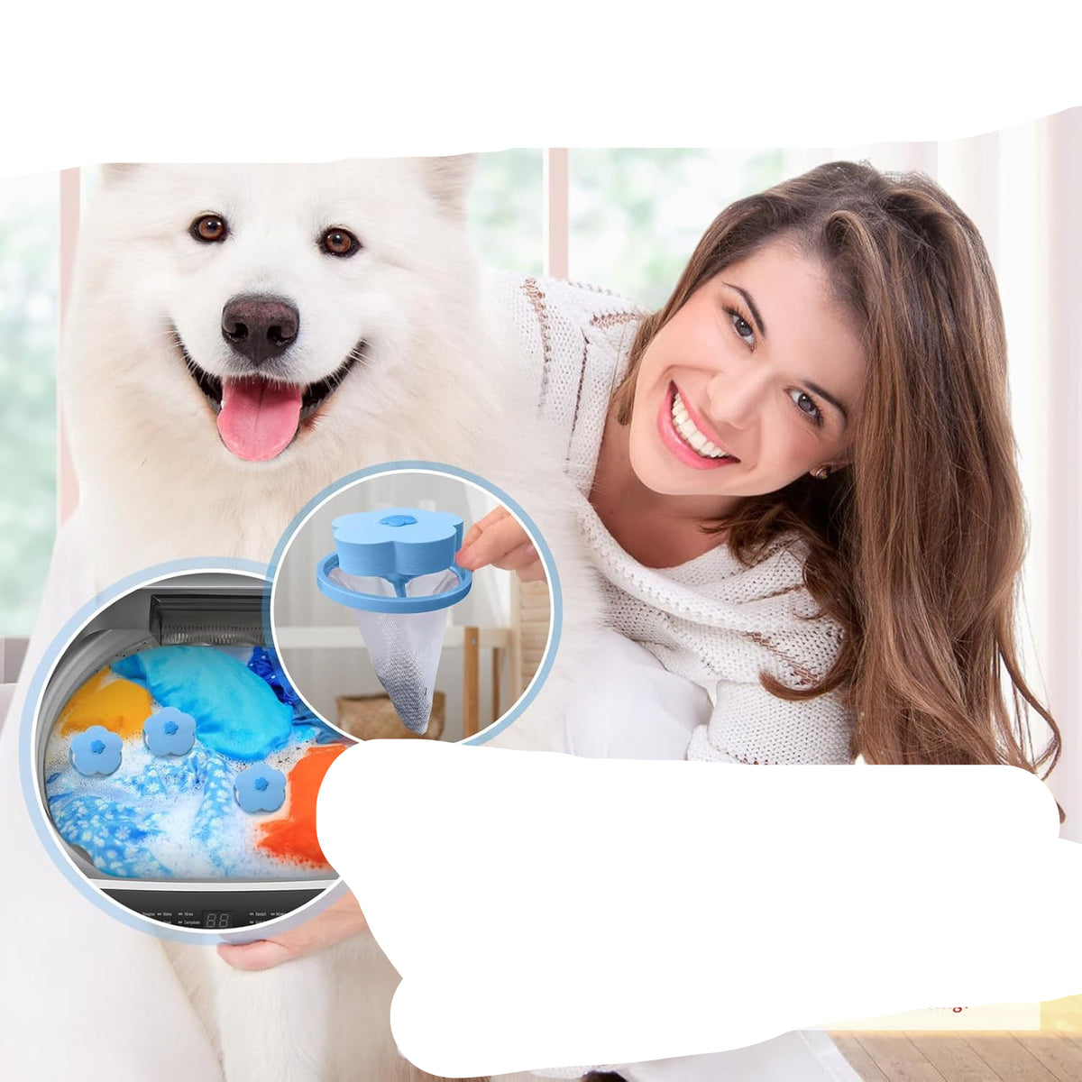 Woman with a dog next to a washing machine with a filter, text about hair collection during laundry.