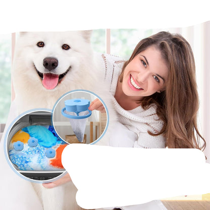 Woman with a dog next to a washing machine with a filter, text about hair collection during laundry.